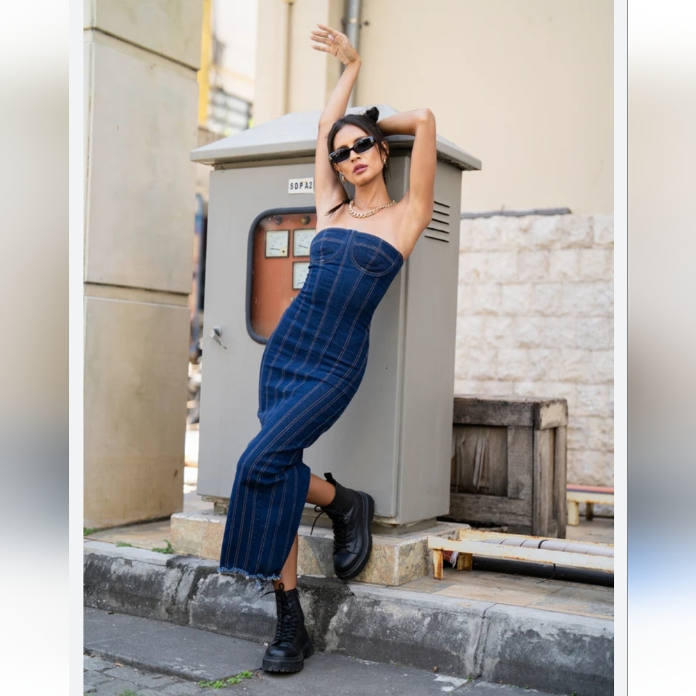 Zara Blue Strapless Midi Dress - Picture 10 of 16